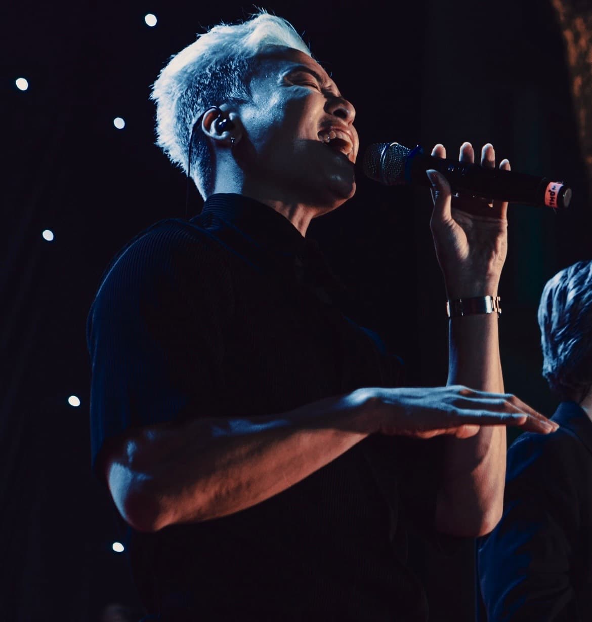Cantante actuando sobre un escenario